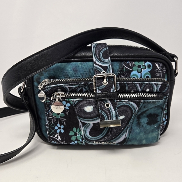DESIGUAL TEAL & BLACK FABRIC FAUX LEATHER CROSSBODY PURSE CONVERTIBLE BAG WOMEN - Picture 1 of 14